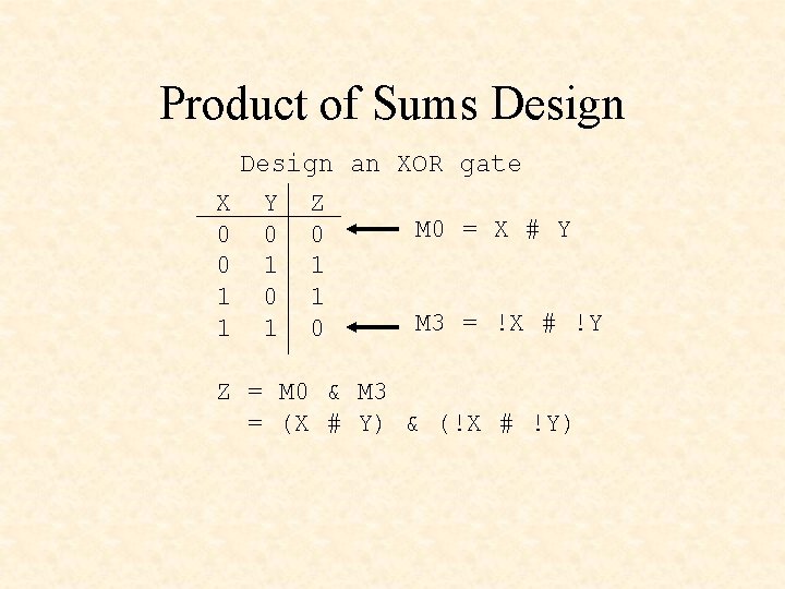 Product of Sums Design X 0 0 1 1 Design an XOR gate Y