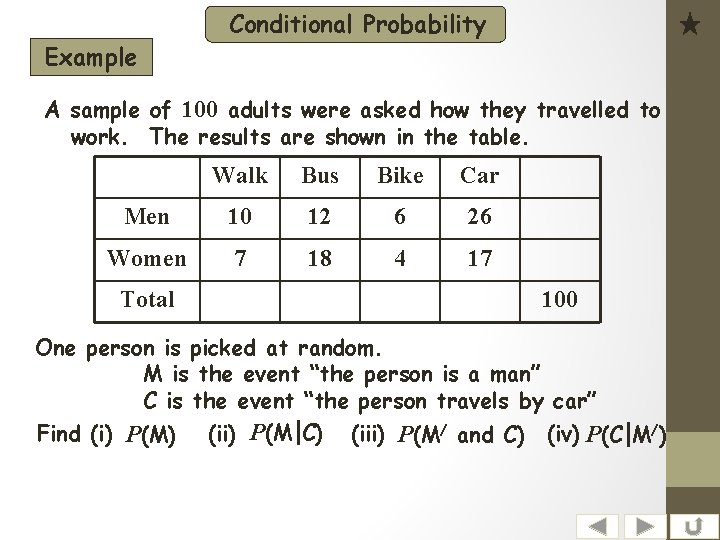 Example Conditional Probability A sample of 100 adults were asked how they travelled to