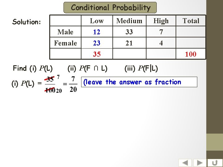 Conditional Probability Solution: Male Female Find (i) P(L) = Low 12 23 35 (ii)