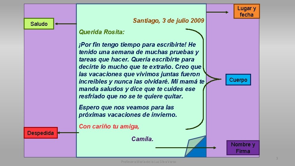 Santiago, 3 de julio 2009 Saludo Lugar y fecha Querida Rosita: ¡Por fin tengo