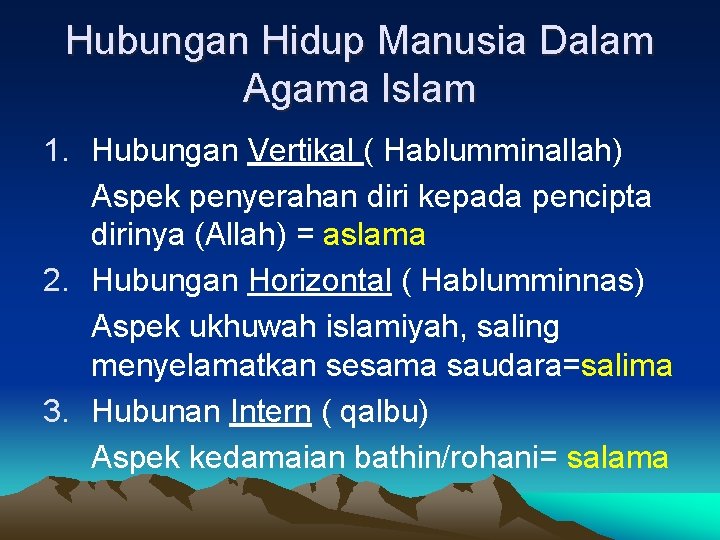 Hubungan Hidup Manusia Dalam Agama Islam 1. Hubungan Vertikal ( Hablumminallah) Aspek penyerahan diri