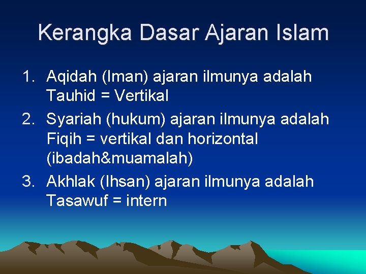 Kerangka Dasar Ajaran Islam 1. Aqidah (Iman) ajaran ilmunya adalah Tauhid = Vertikal 2.