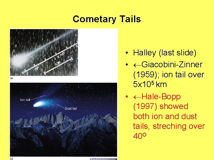 Cometary Tails • Halley (last slide) • Giacobini-Zinner (1959); ion tail over 5 x