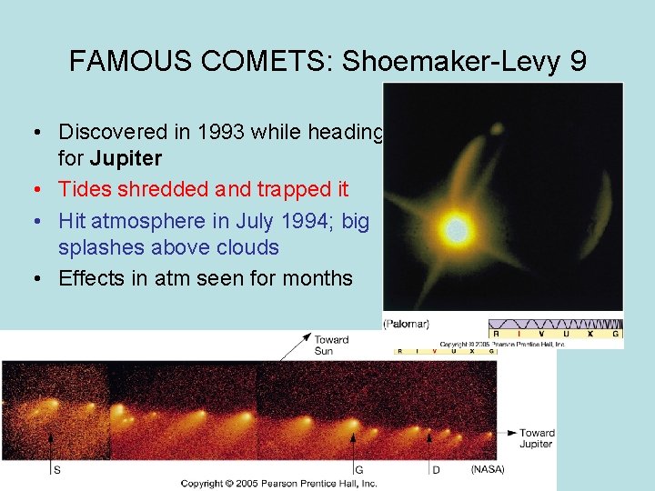 FAMOUS COMETS: Shoemaker-Levy 9 • Discovered in 1993 while heading for Jupiter • Tides
