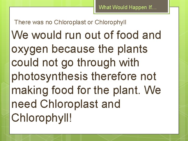 What Would Happen If… There was no Chloroplast or Chlorophyll We would run out