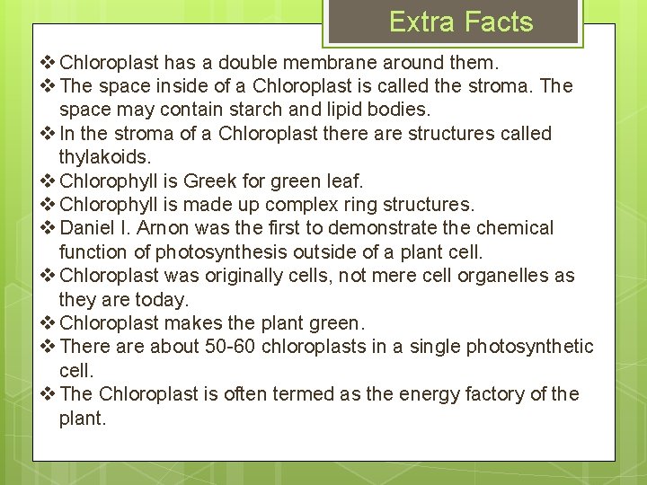 Extra Facts v Chloroplast has a double membrane around them. v The space inside