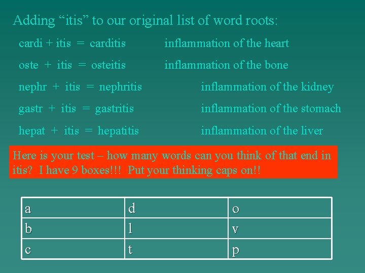Adding “itis” to our original list of word roots: cardi + itis = carditis