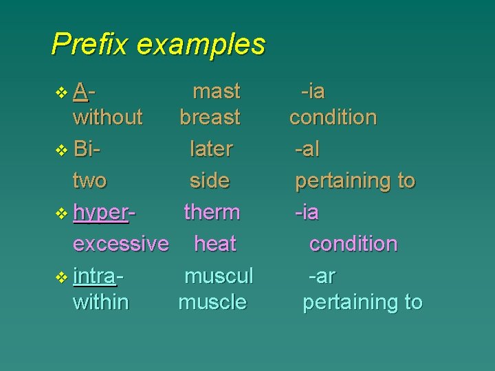 Prefix examples v A- mast without breast v Bilater two side v hypertherm excessive