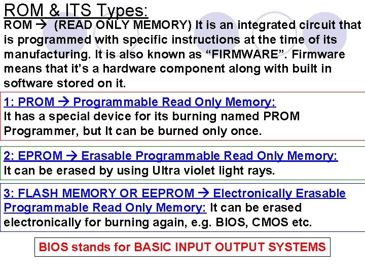 ROM & ITS Types: ROM (READ ONLY MEMORY) It is an integrated circuit that