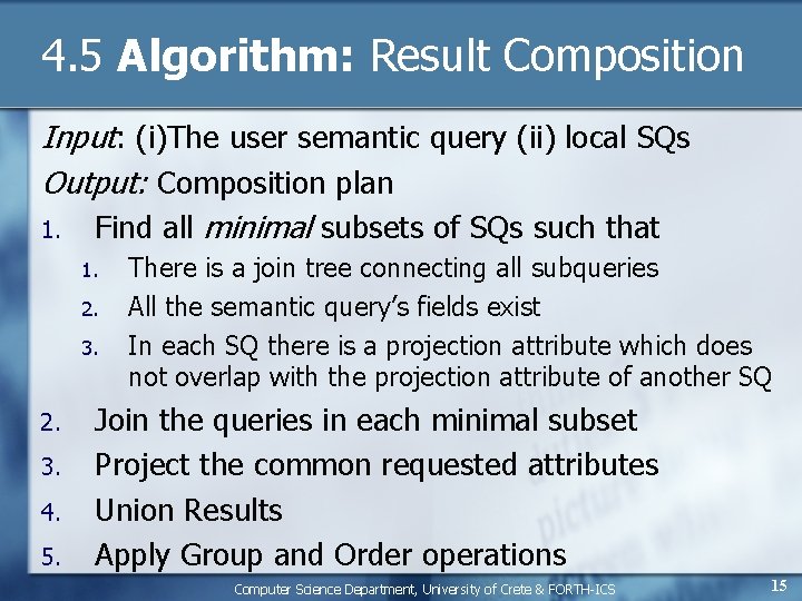 4. 5 Algorithm: Result Composition Input: (i)The user semantic query (ii) local SQs Output: