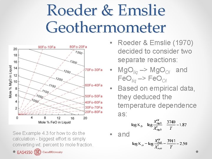 Roeder & Emslie Geothermometer • Roeder & Emslie (1970) decided to consider two separate