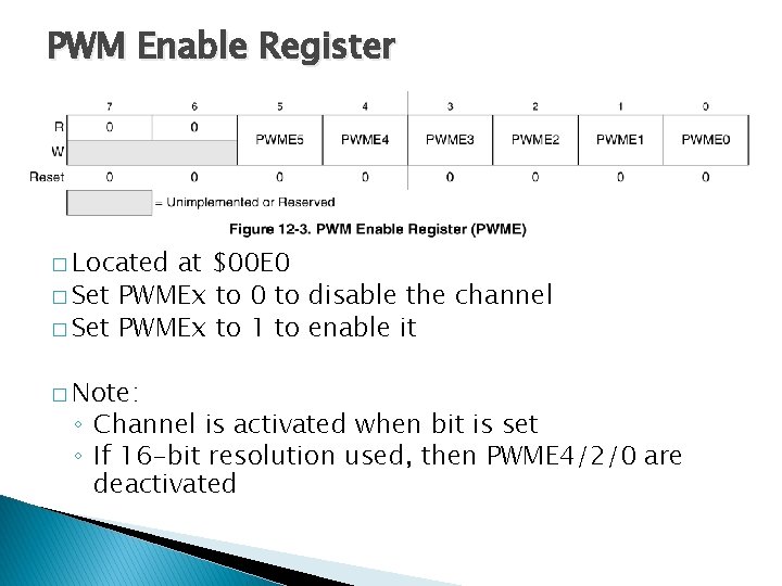 PWM Enable Register � Located at $00 E 0 � Set PWMEx to 0