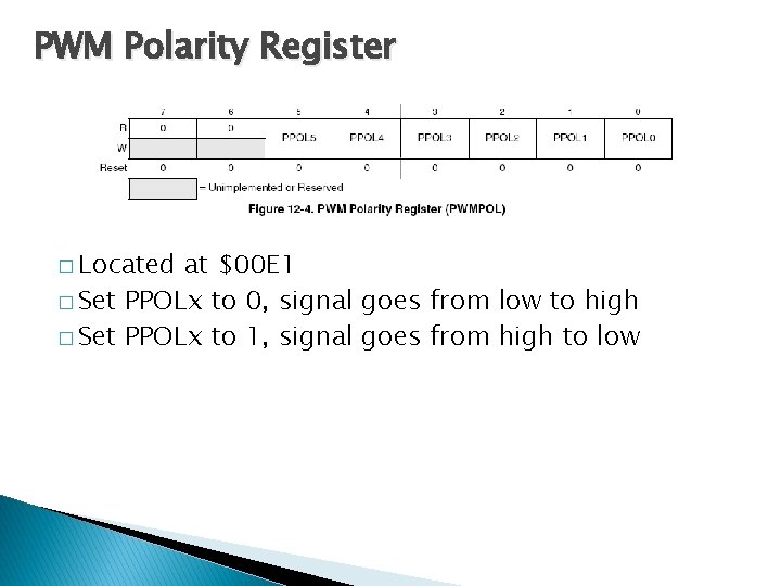 PWM Polarity Register � Located at $00 E 1 � Set PPOLx to 0,