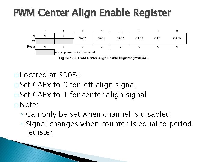 PWM Center Align Enable Register � Located at $00 E 4 � Set CAEx