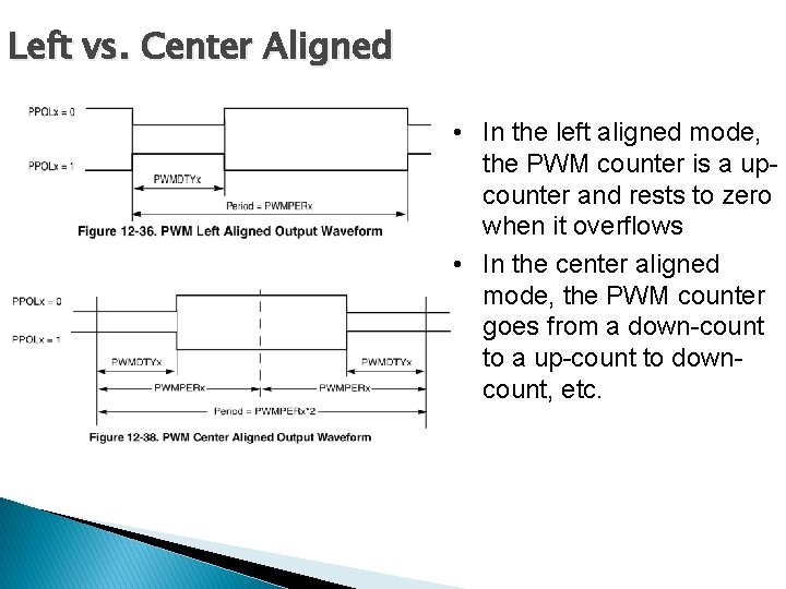 Left vs. Center Aligned • In the left aligned mode, the PWM counter is