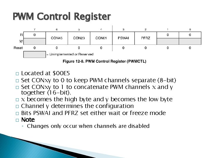 PWM Control Register � � � � Located at $00 E 5 Set CONxy
