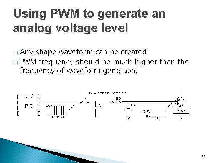 Using PWM to generate an analog voltage level Any shape waveform can be created