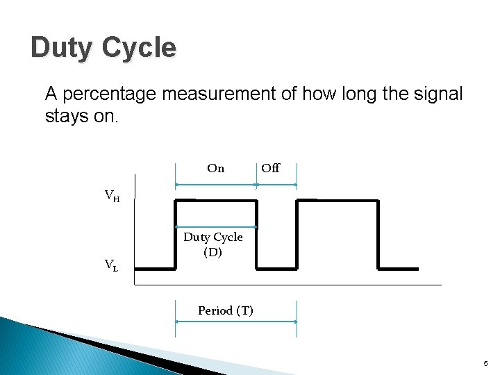 Duty Cycle A percentage measurement of how long the signal stays on. On Off