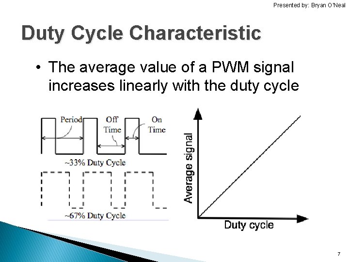 Presented by: Bryan O’Neal Duty Cycle Characteristic • The average value of a PWM