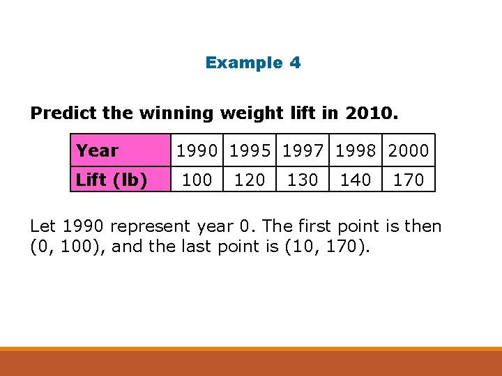 Example 4 Predict the winning weight lift in 2010. Year Lift (lb) 1990 1995