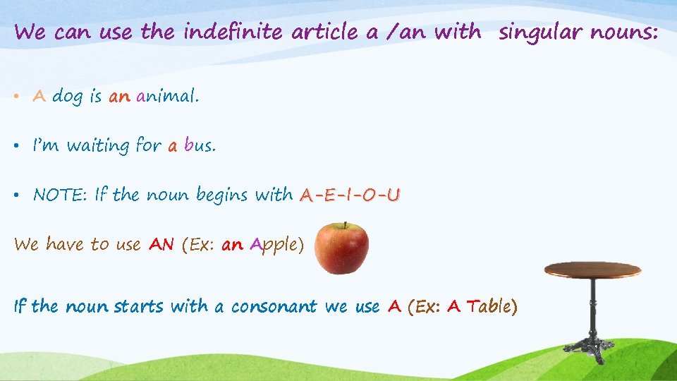 We can use the indefinite article a /an with singular nouns: • A dog