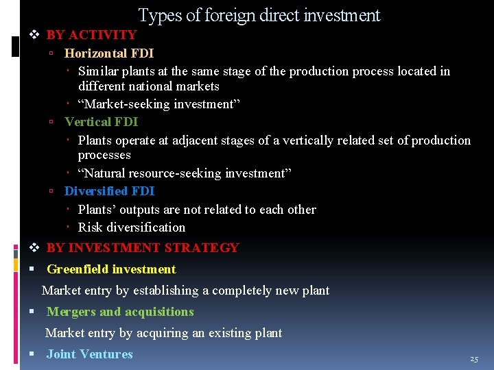 Types of foreign direct investment v BY ACTIVITY Horizontal FDI Similar plants at the