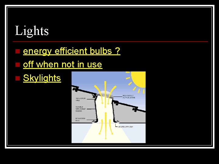 Lights energy efficient bulbs ? n off when not in use n Skylights n