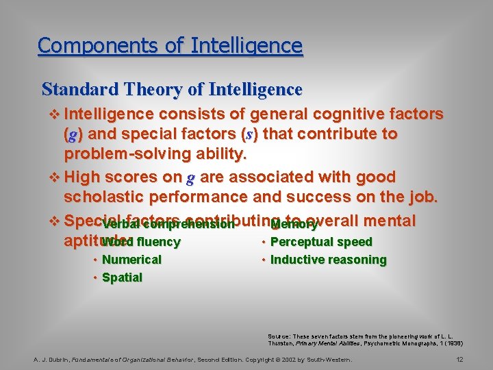 Components of Intelligence Standard Theory of Intelligence v Intelligence consists of general cognitive factors