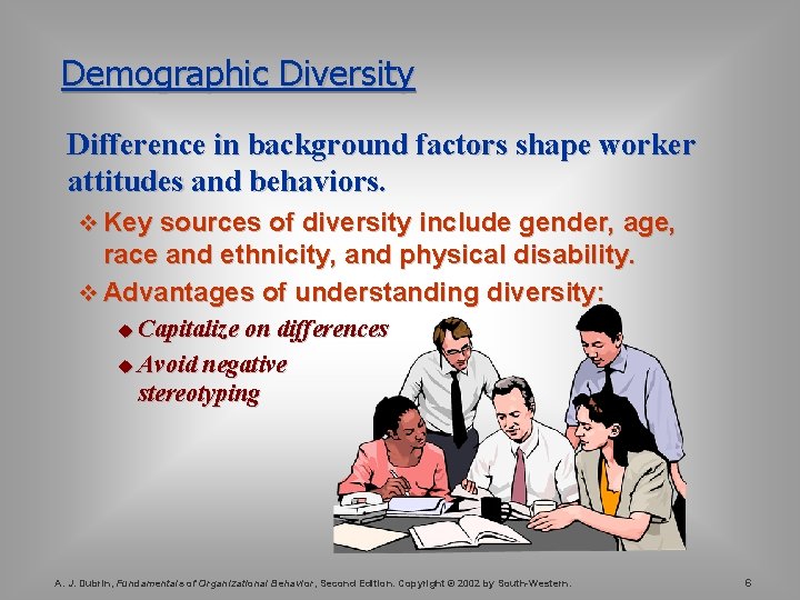 Demographic Diversity Difference in background factors shape worker attitudes and behaviors. v Key sources