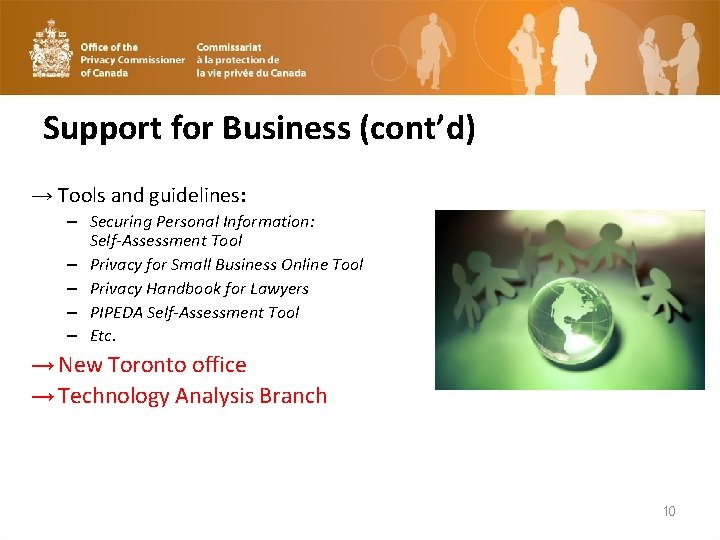 Support for Business (cont’d) → Tools and guidelines: – Securing Personal Information: Self-Assessment Tool