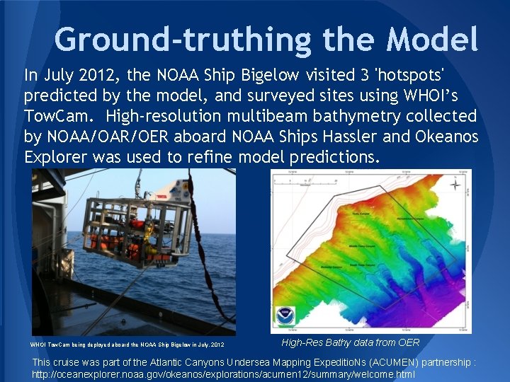 Ground-truthing the Model In July 2012, the NOAA Ship Bigelow visited 3 'hotspots' predicted