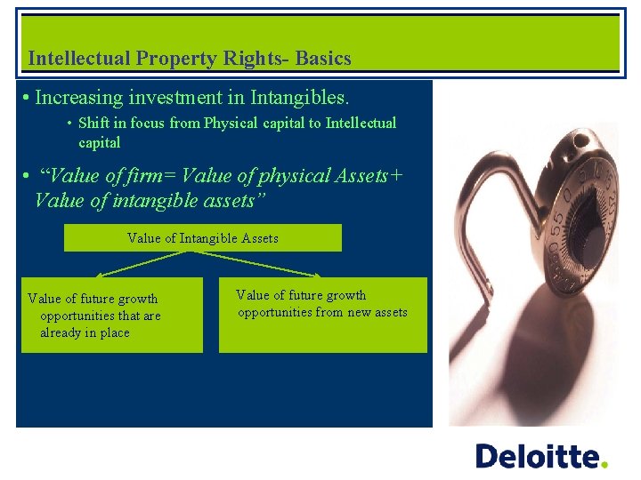 Intellectual Property Rights- Basics • Increasing investment in Intangibles. • Shift in focus from