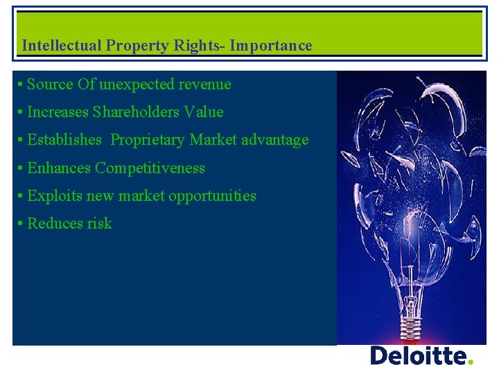Intellectual Property Rights- Importance • Source Of unexpected revenue • Increases Shareholders Value •