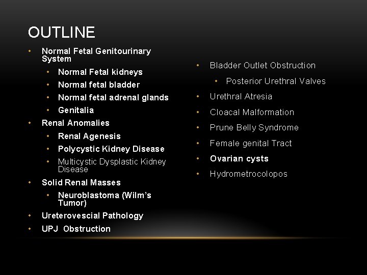 OUTLINE • • • Normal Fetal Genitourinary System • Bladder Outlet Obstruction • Normal