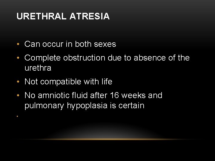 URETHRAL ATRESIA • Can occur in both sexes • Complete obstruction due to absence