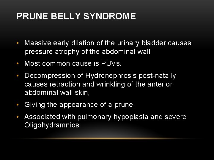 PRUNE BELLY SYNDROME • Massive early dilation of the urinary bladder causes pressure atrophy