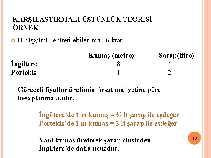 KARŞILAŞTIRMALI ÜSTÜNLÜK TEORİSİ ÖRNEK Bir İşgünü ile üretilebilen mal miktarı İngiltere Portekiz Kumaş (metre)
