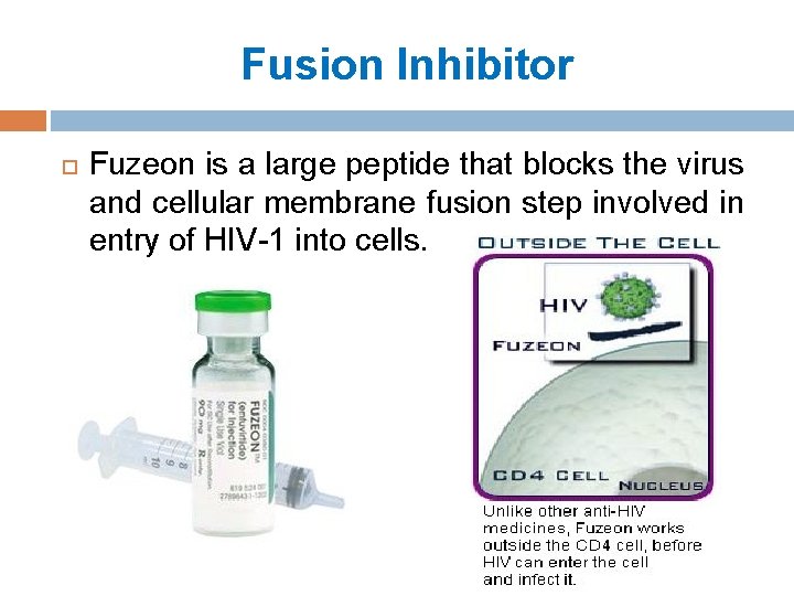 Fusion Inhibitor Fuzeon is a large peptide that blocks the virus and cellular membrane