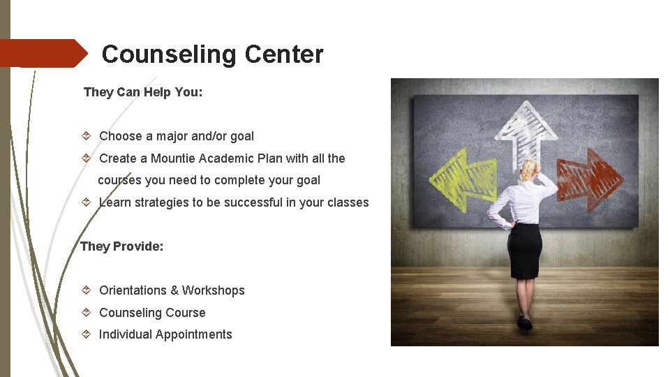 Counseling Center They Can Help You: Choose a major and/or goal Create a Mountie