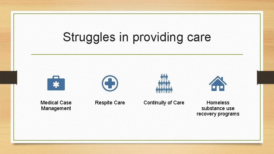Struggles in providing care Medical Case Management Respite Care Continuity of Care Homeless substance