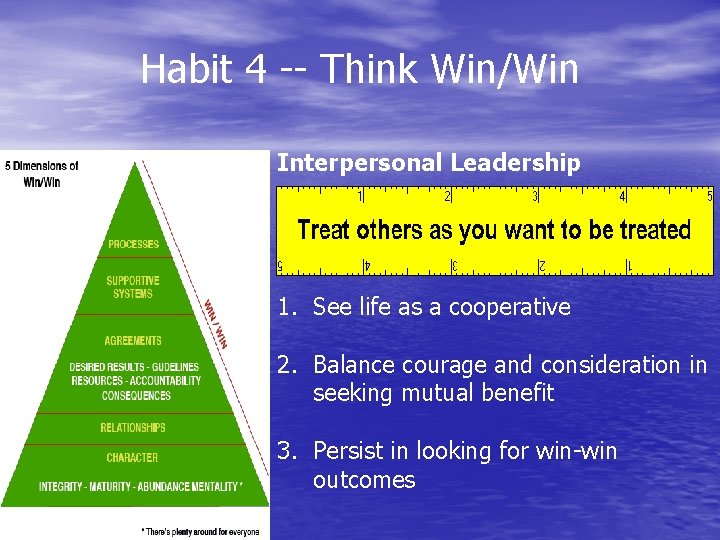 Habit 4 -- Think Win/Win Interpersonal Leadership 1. See life as a cooperative 2.