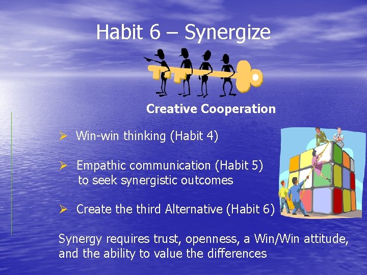 Habit 6 – Synergize Creative Cooperation Ø Win-win thinking (Habit 4) Ø Empathic communication
