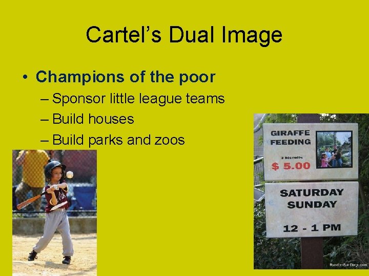 Cartel’s Dual Image • Champions of the poor – Sponsor little league teams –