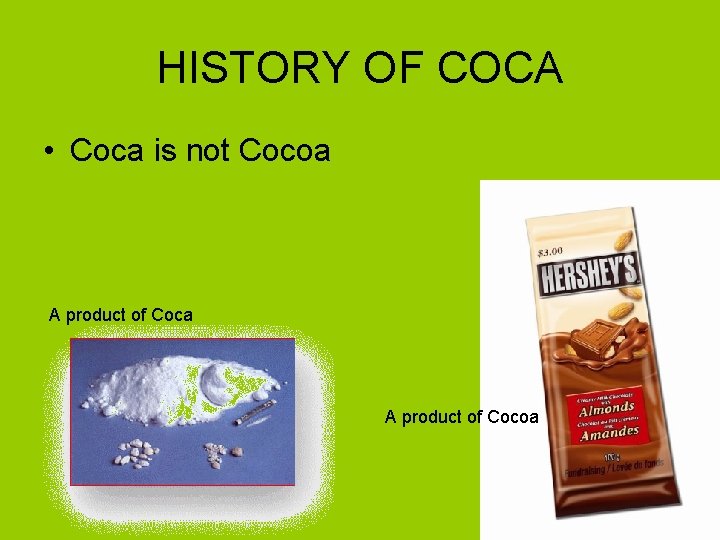 HISTORY OF COCA • Coca is not Cocoa A product of Cocoa 