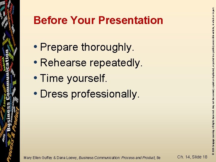  • Prepare thoroughly. • Rehearse repeatedly. • Time yourself. • Dress professionally. Mary