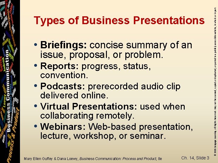 • Briefings: concise summary of an issue, proposal, or problem. • Reports: progress,