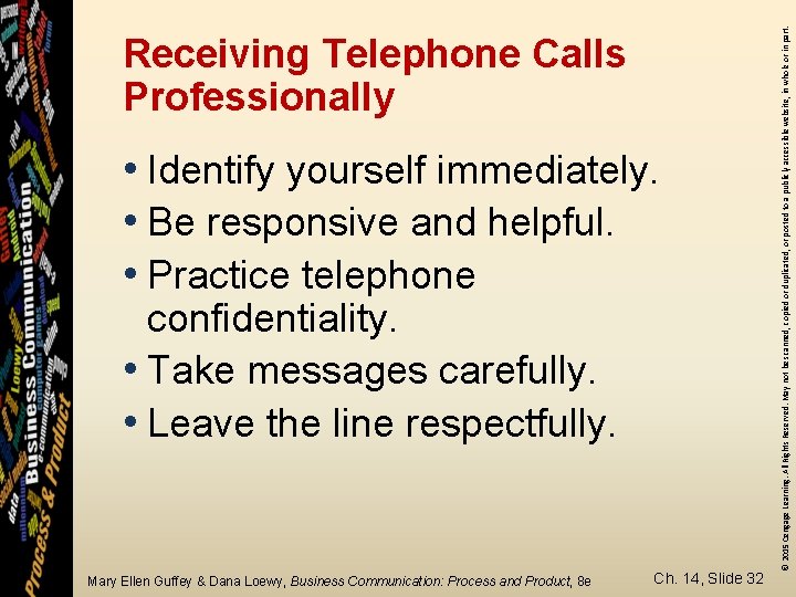 • Identify yourself immediately. • Be responsive and helpful. • Practice telephone confidentiality.