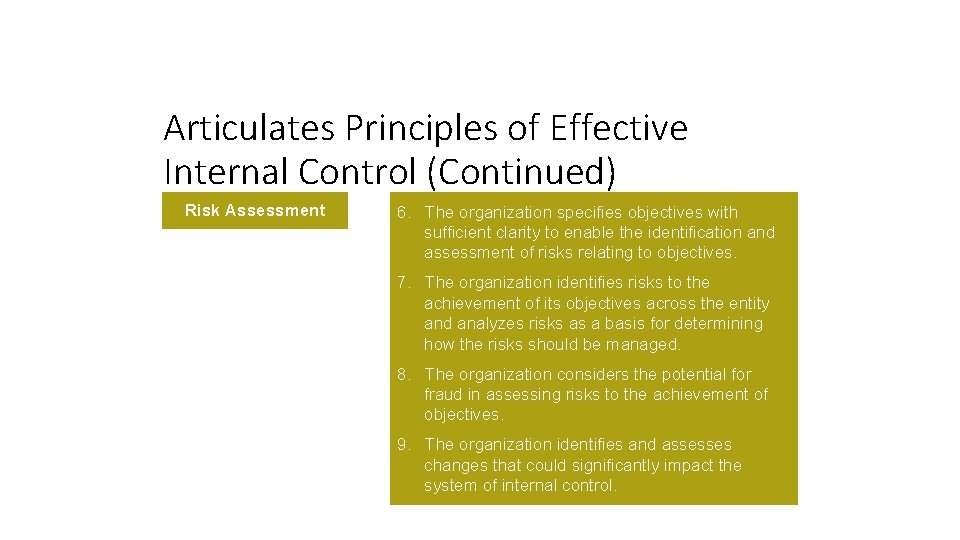 Articulates Principles of Effective Internal Control (Continued) Risk Assessment 6. The organization specifies objectives