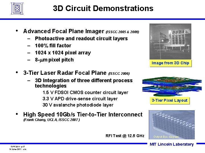 3 D Circuit Demonstrations • Advanced Focal Plane Imager (ISSCC 2005 & 2009) –