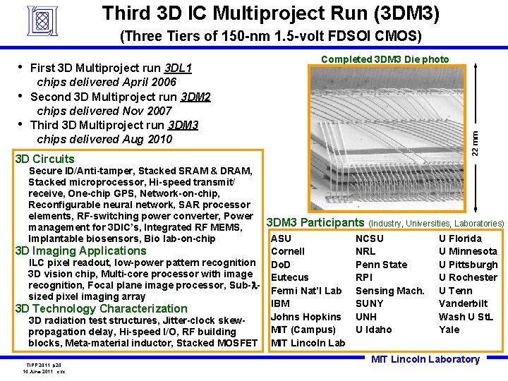Third 3 D IC Multiproject Run (3 DM 3) (Three Tiers of 150 -nm